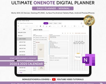 OneNote Digital Planner, 2024 2025 Dated Hyperlinked Daily Weekly Monthly One Note Planner for Android, iPad, Windows, MacBook, Surface pro