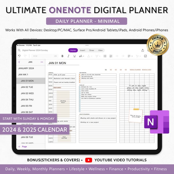 OneNote Digital Planner, 2024 2025 Dated Hyperlinked Daily Weekly Monthly One Note Planner for Android, iPad, Windows, MacBook, Surface pro