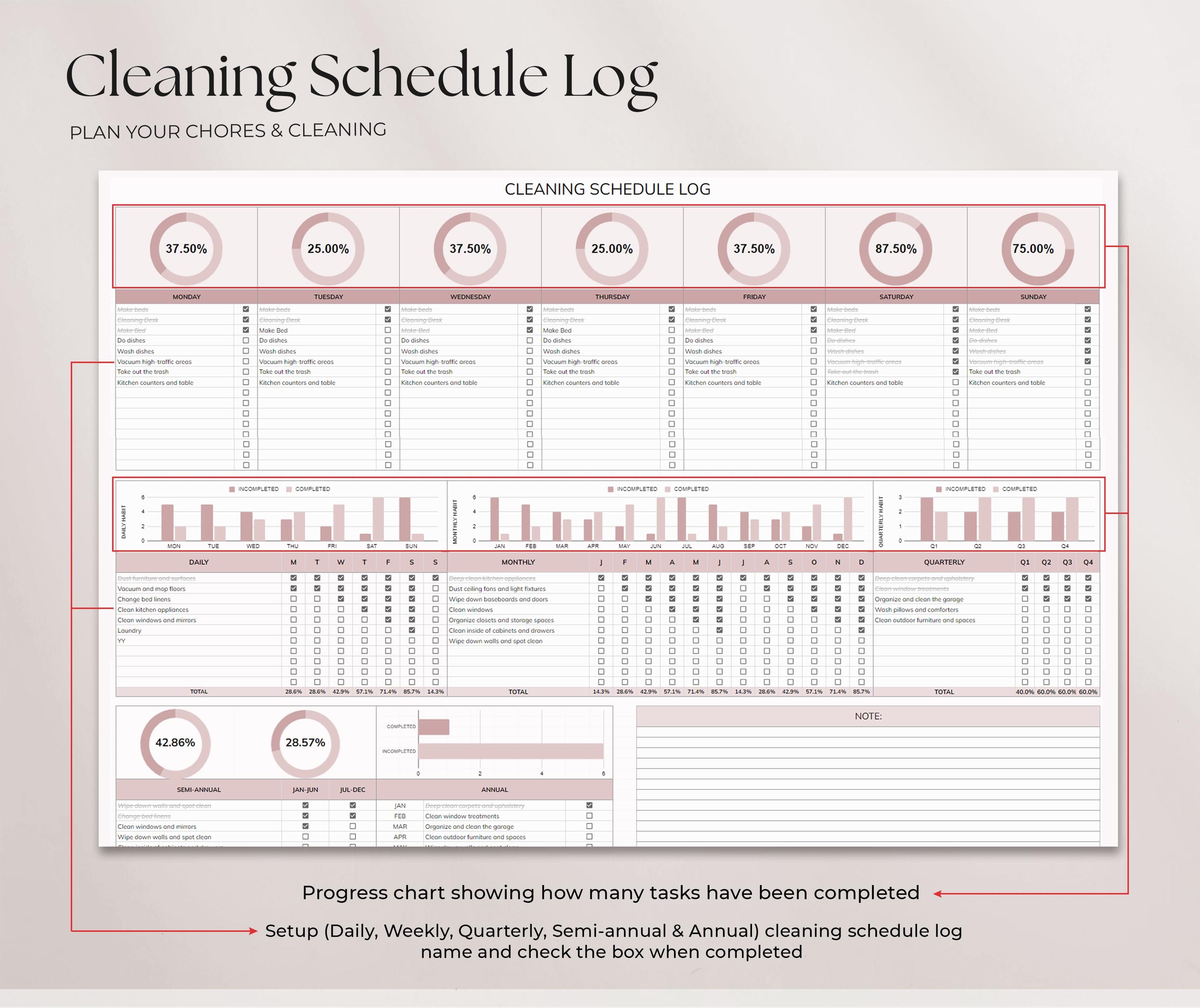 Cleaning Tracker Google Spreadsheet, Weekly Cleaning Checklist, Excel ...