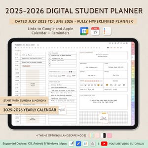 Puede incluir: Un planificador digital para estudiantes para el año escolar 2025-2026. El planificador se muestra en la pantalla de una tableta y presenta un diseño colorido con un calendario anual, una agenda diaria y una lista de tareas. El planificador está hipervinculado y es compatible con los calendarios y recordatorios de Google y Apple.