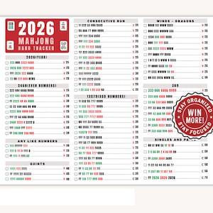 2026 Mahjong Hand Tracker, American Mah Jongg Scorecard (PDF Digital Download):A Mahjong hand tracker with various number combinations and game patterns. The document includes sections for consecutive runs, winds, dragons, and single combinations. It is a US Letter size, 11 x 8.5 inches.