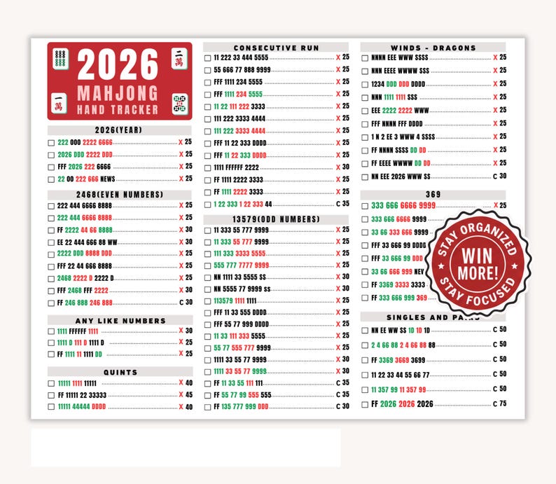 2026 Mahjong Hand Tracker, American Mah Jongg Scorecard (PDF Digital Download):A Mahjong hand tracker with various number combinations and game patterns. The document includes sections for consecutive runs, winds, dragons, and single combinations. It is a US Letter size, 11 x 8.5 inches.