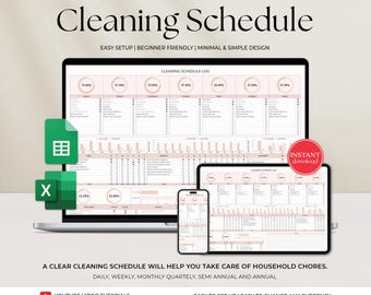 Cleaning Schedule Checklist, Google Sheet and Excel, Cleaning Checklist, Monthly, Yearly Chore Chart, Cleaning Planner, House Chore List