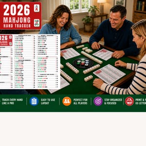 2026 Mahjong Hand Tracker, American Mah Jongg Scorecard (PDF Digital Download):A Mahjong hand tracker with various number combinations and game patterns. The document includes sections for consecutive runs, winds, dragons, and single combinations. It is a US Letter size, 11 x 8.5 inches.