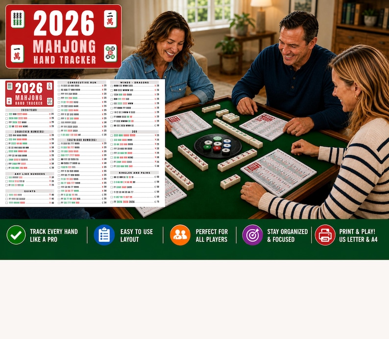 2026 Mahjong Hand Tracker, American Mah Jongg Scorecard (PDF Digital Download):A Mahjong hand tracker with various number combinations and game patterns. The document includes sections for consecutive runs, winds, dragons, and single combinations. It is a US Letter size, 11 x 8.5 inches.