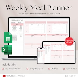 Könnte beinhalten: Ein digitaler Wochenessensplaner, der auf einem Laptop, Tablet und Smartphone angezeigt wird. Der Planer hat ein rosa-weißes Design mit Abschnitten für Einrichtung, Essensplanung und Einkaufslisten. Der Text "Weekly Meal Planner" steht oben.