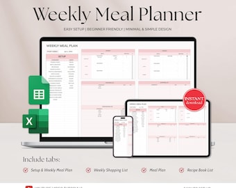 週間献立表（Google Sheets、Excel）、7日間献立表、週間食料品リスト、献立表（Excel）、自動買い物リスト
