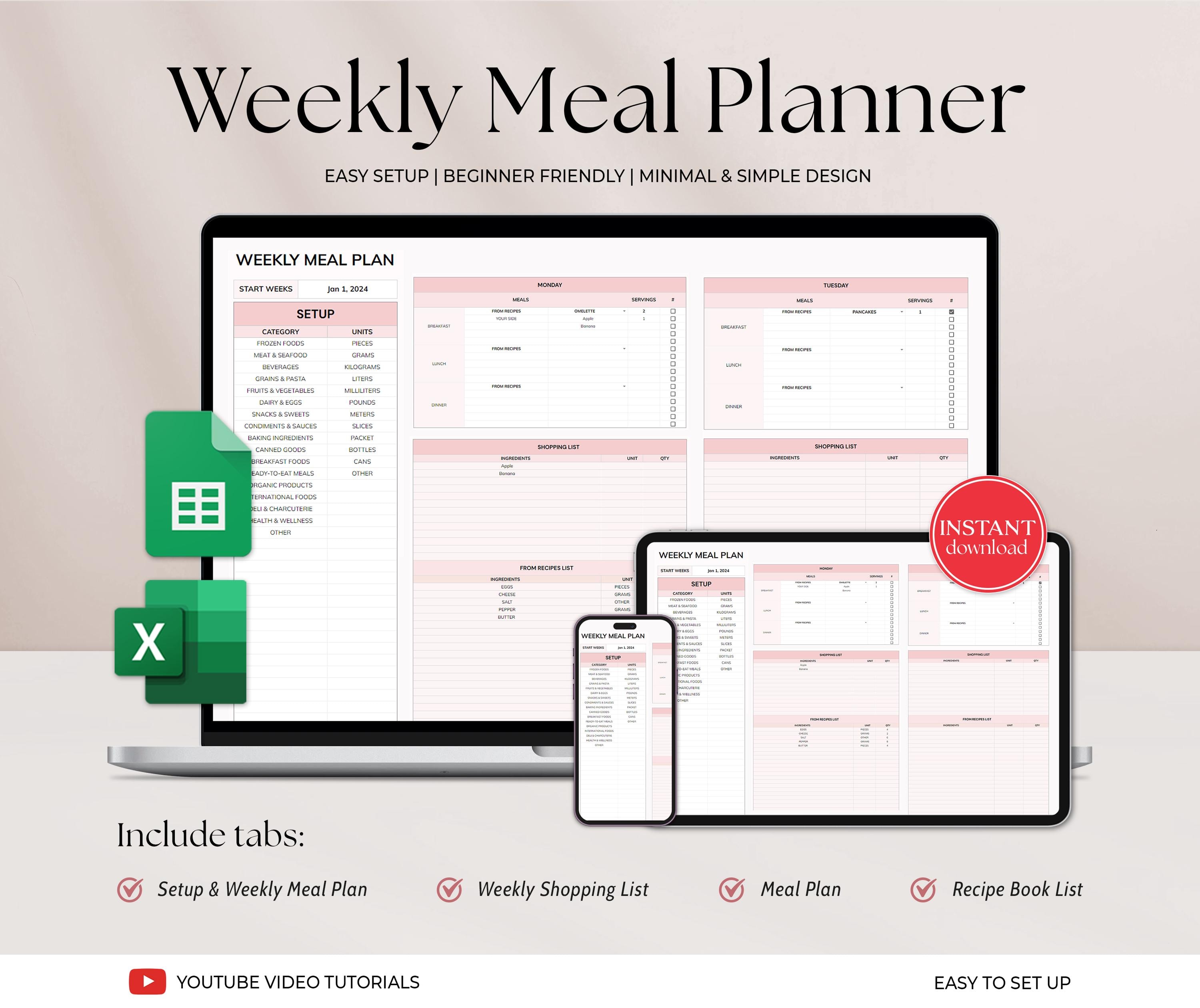 Weekly Meal Planner Spreadsheet Google Sheets Excel, 7 Day Menu, Weekly ...