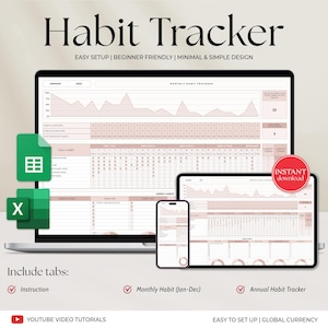 Habit Tracker Spreadsheet Vorlage für Google Sheets MS Excel, monatlich, wöchentlich, täglicher Tracker, tägliche Aufgabenliste, Zielplaner, Ziel-Tracker