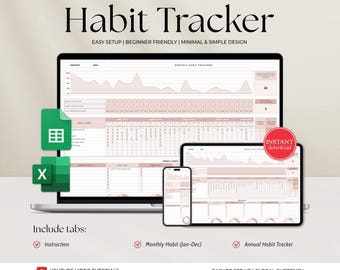 Habit Tracker Spreadsheet Template for Google Sheets MS Excel, Monthly, Weekly, Daily Tracker, Daily To Do List, Goal Planner, Goal Tracker