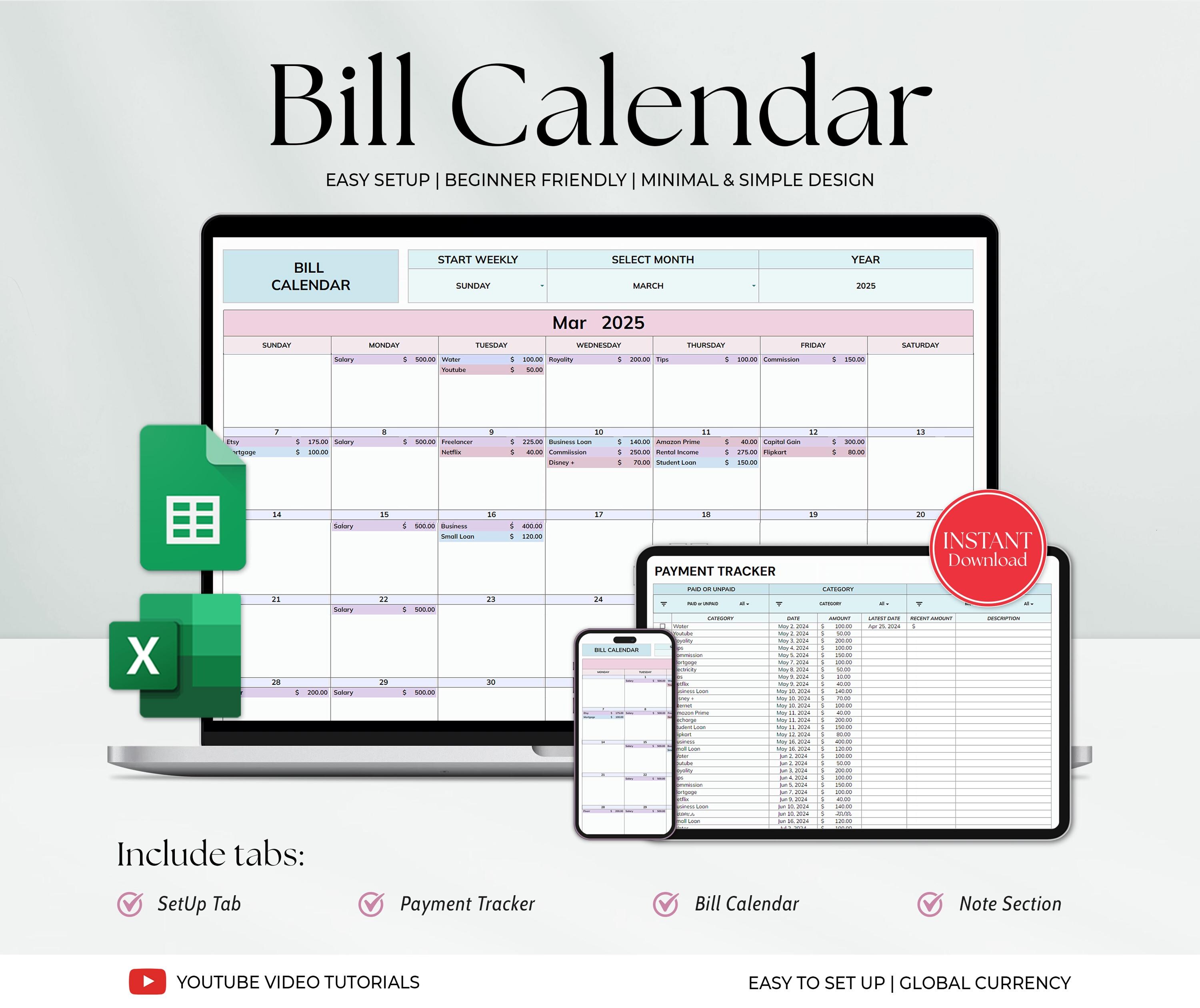 Bill Tracker Spreadsheet Google Sheets Excel Bill Calendar Monthly ...