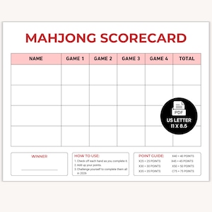 2026 Mahjong Hand Tracker, American Mah Jongg Scorecard (PDF Digital Download):A Mahjong hand tracker with various number combinations and game patterns. The document includes sections for consecutive runs, winds, dragons, and single combinations. It is a US Letter size, 11 x 8.5 inches.