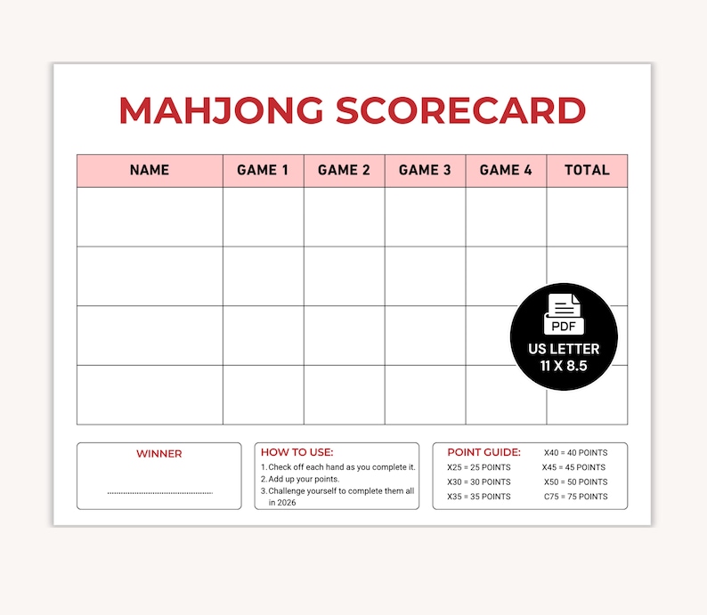 2026 Mahjong Hand Tracker, American Mah Jongg Scorecard (PDF Digital Download):A Mahjong hand tracker with various number combinations and game patterns. The document includes sections for consecutive runs, winds, dragons, and single combinations. It is a US Letter size, 11 x 8.5 inches.