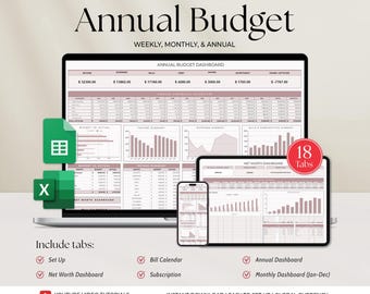 Arkusz kalkulacyjny budżetu rocznego i miesięcznego, szablon arkuszy Google, roczny planer programu Excel, planista finansowy, roczny budżet, roczny arkusz kalkulacyjny