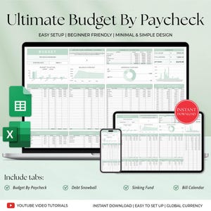 Ultimate Budget by Paycheck Spreadsheet Google Sheets Excel Template Weekly Biweekly Financial Planner Debt Snowball Subscription Tracker
