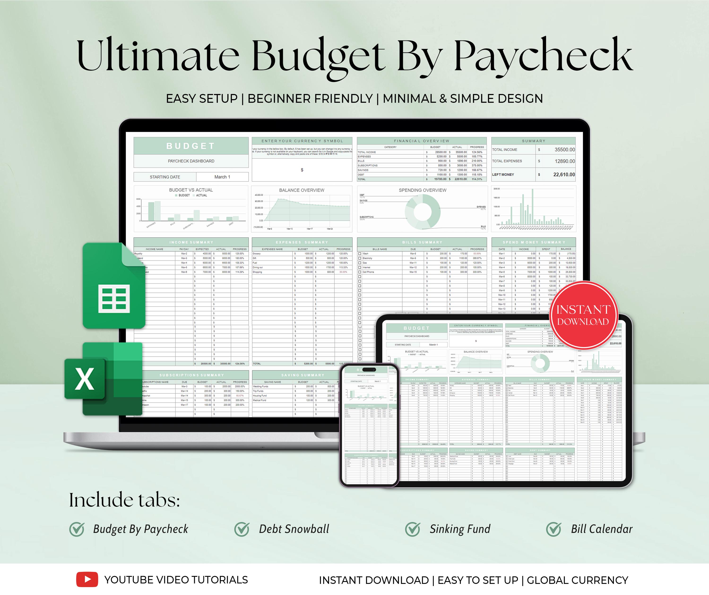 Hoja de cálculo de presupuesto definitivo por cheque de pago Plantilla de Google Sheets Excel Planificador financiero semanal y quincenal Seguimiento de suscripciones de deudas en forma de bola de nieve