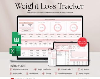 Weight Loss & Fitness Tracker | Google Sheets | Excel Calorie Tracker | Meal Planner | Habit Tracker | Digital Weight Loss Workout Planner