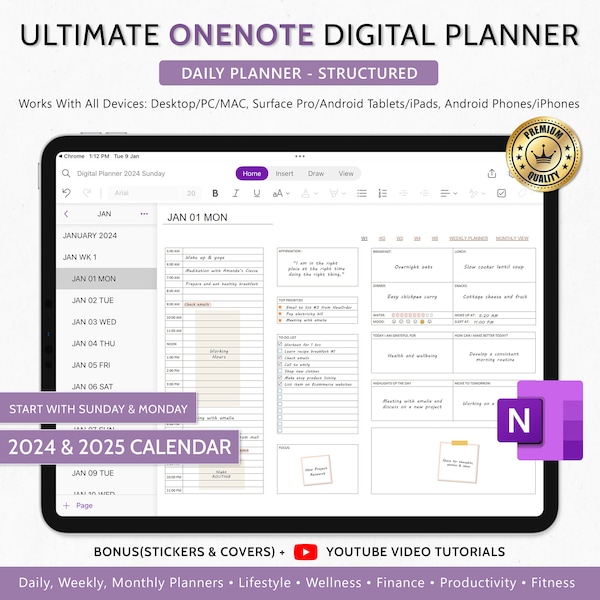 OneNote Digital Planner, Planer cyfrowy 2024 2025, Hiperłącze OneNote Planner — iPad, Android, Windows, PC, MacBook, Surface pro, Komputer