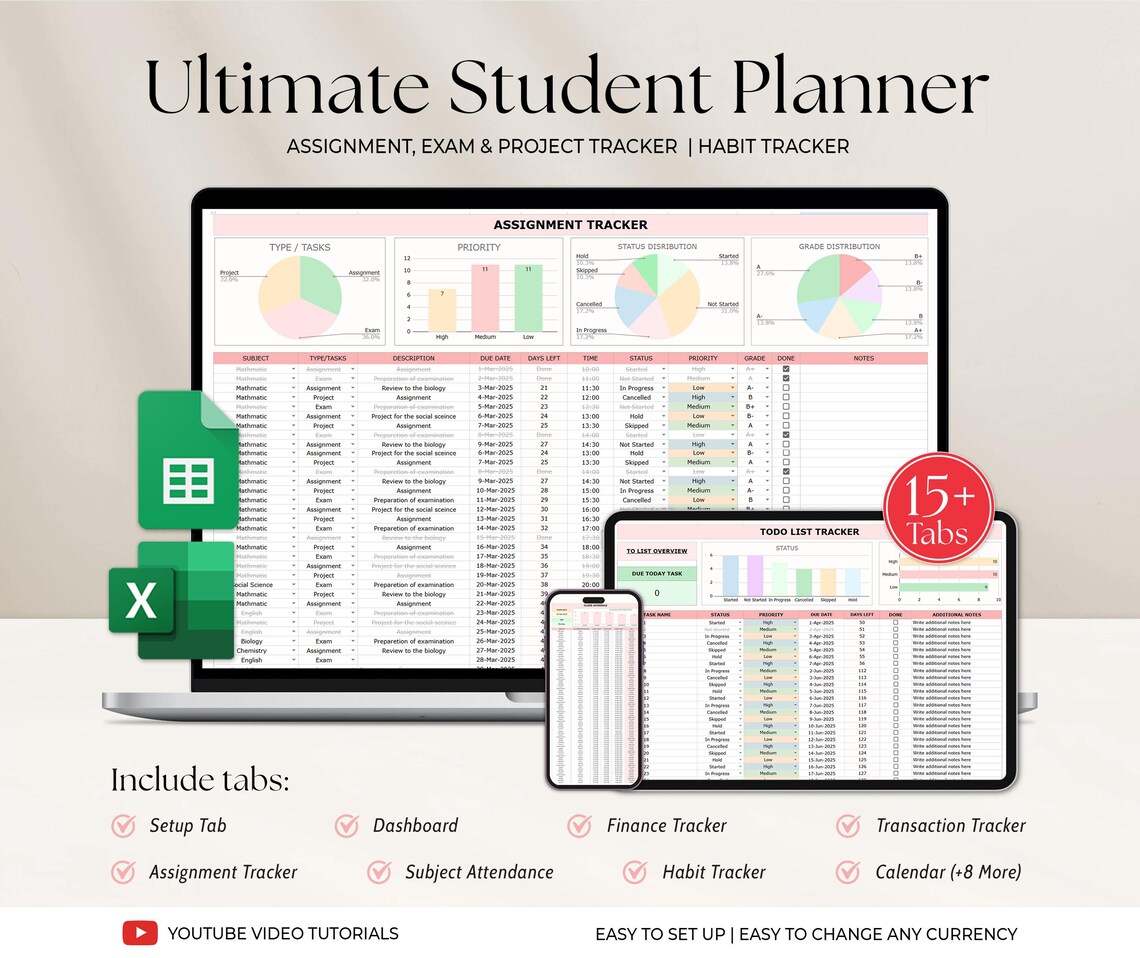 Student Academic Planner Spreadsheet, School Assignment Tracker Google ...