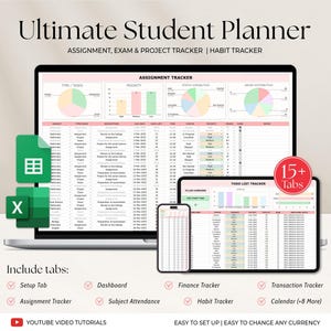 Student Academic Planner Spreadsheet, School Assignment Tracker Google Sheets Excel University Class Planner, College Study Planner Template