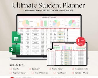 Student Academic Planner Spreadsheet, School Assignment Tracker Google Sheets Excel University Class Planner, College Study Planner Template