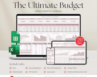 Ultimate Annual Budget Spreadsheet Excel Google Sheets Budget Template Monthly Budget Planner Bill Tracker Debt Tracker Subscription Tracker