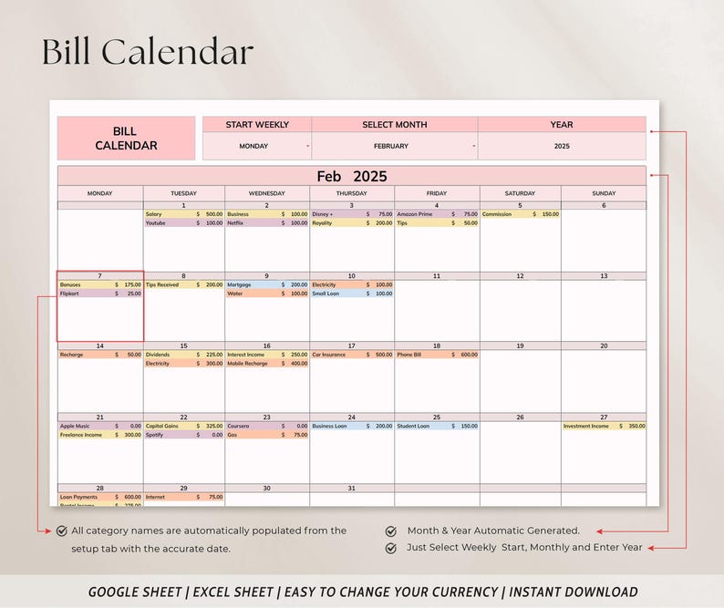 Bill Calendar Spreadsheet Google Sheets Excel Bill Tracker, Monthly ...