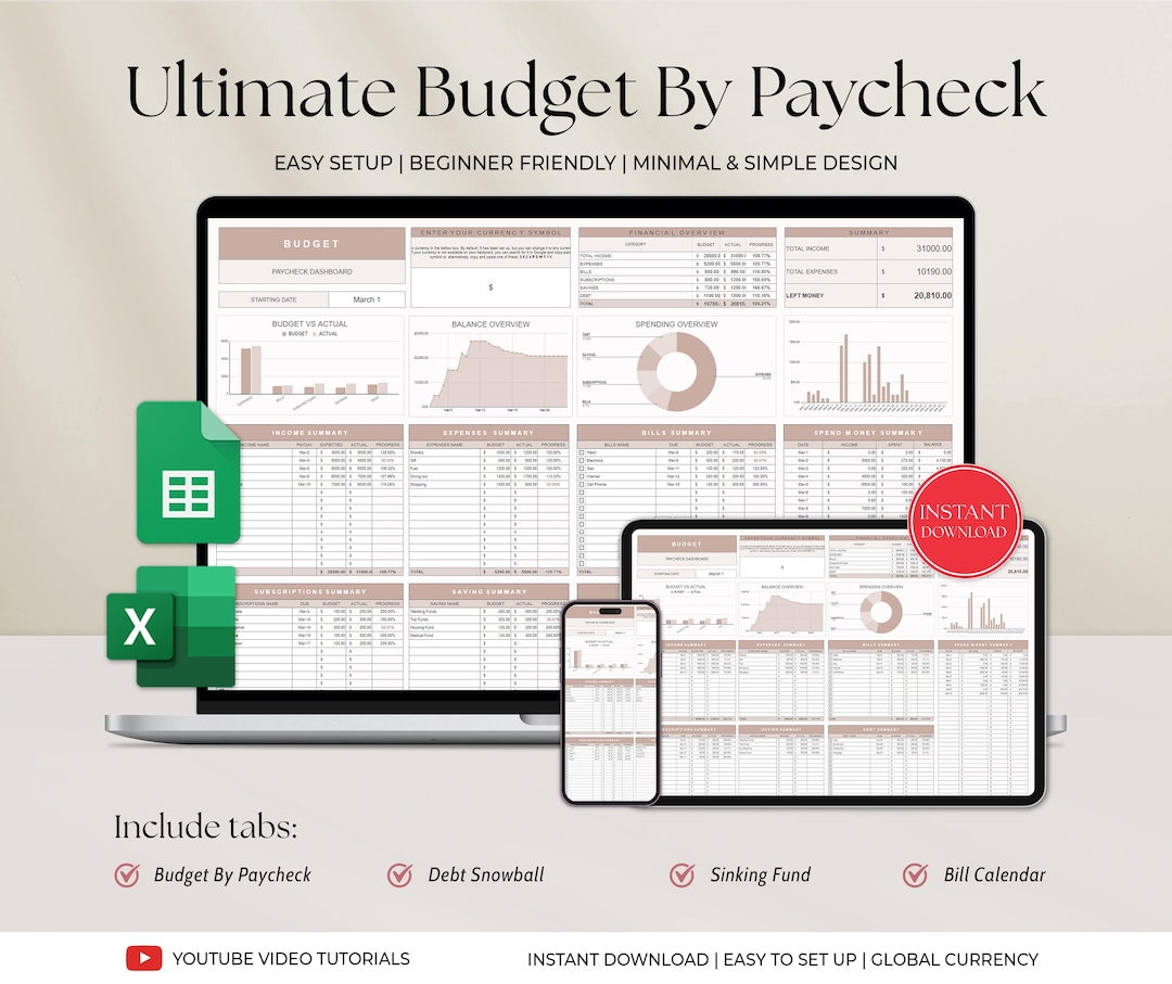 Ultimate Budget by Paycheck Spreadsheet Google Sheets Excel Template ...