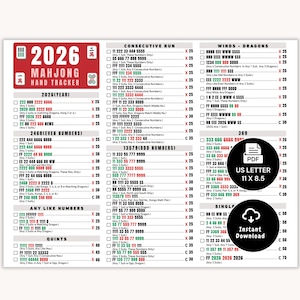 Tracker de main de mahjong 2026, Mahjong américain imprimable, Mah Jongg, carte de score de mahjong, tuiles de mahjong, soirée jeux de mahjong, téléchargement numérique PDF
