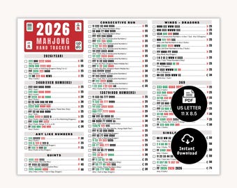 2026 Mahjong Hand Tracker, amerykański Mahjong do druku, Mah Jongg, karta wyników Mahjong, płytki Mahjong, wieczór gier Mahjong, PDF Digital Download