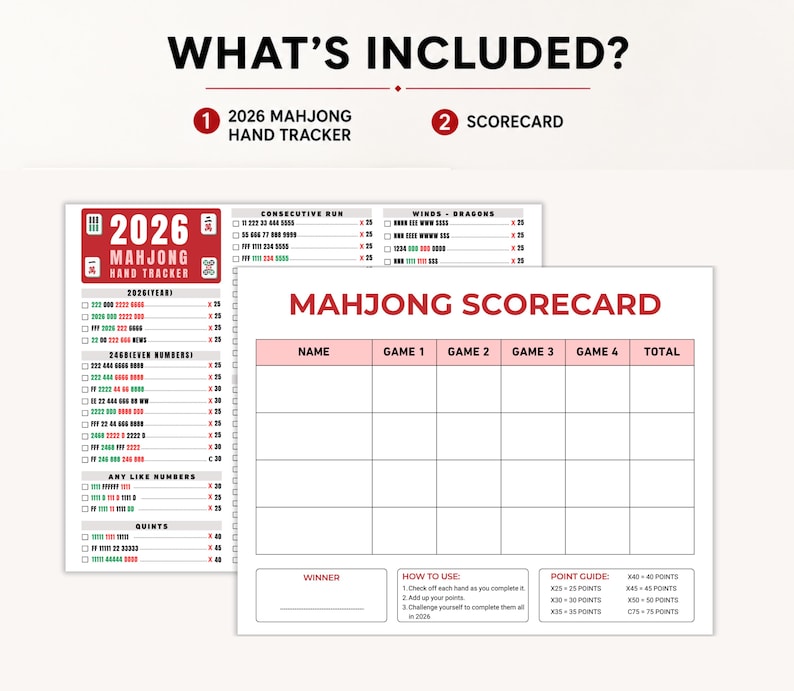 2026 Mahjong Hand Tracker, American Mah Jongg Scorecard (PDF Digital Download):A Mahjong hand tracker with various number combinations and game patterns. The document includes sections for consecutive runs, winds, dragons, and single combinations. It is a US Letter size, 11 x 8.5 inches.