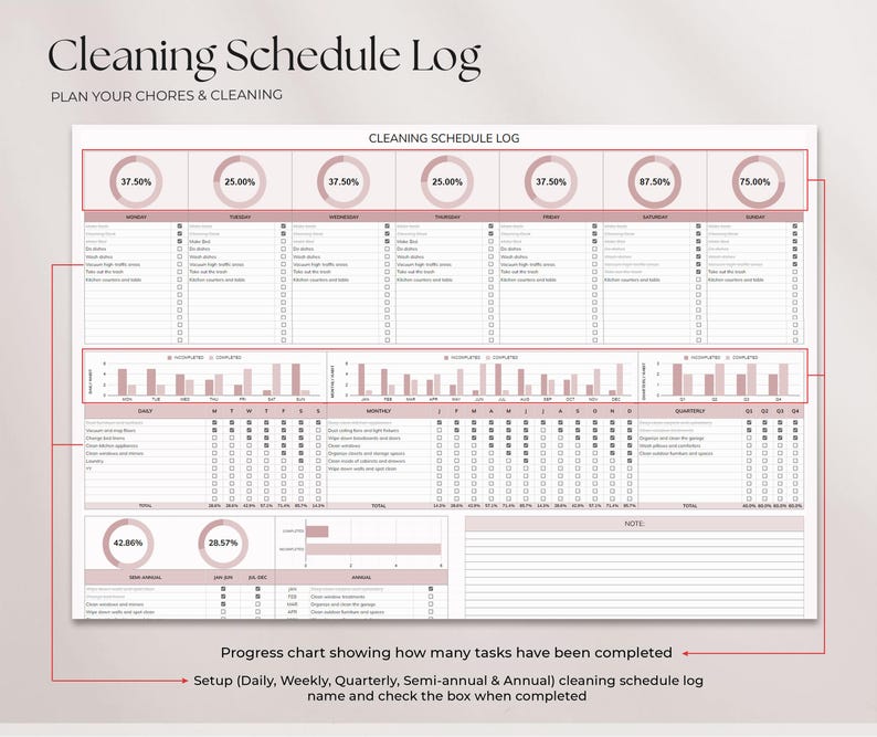 Weekly Cleaning Checklist and Chore Planner – Editable Google Sheet Template and Excel Cleaning Tracker – Track daily cleaning, monthly chores, and yearly deep cleaning with this house cleaning schedule – Perfect for organized home management