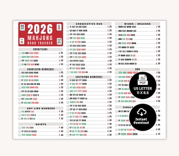 2026 Mahjong Hand Tracker, American Mah Jongg Scorecard (PDF Digital Download)