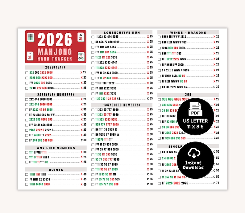 2026 Mahjong Hand Tracker, American Mah Jongg Scorecard (PDF Digital Download):A Mahjong hand tracker with various number combinations and game patterns. The document includes sections for consecutive runs, winds, dragons, and single combinations. It is a US Letter size, 11 x 8.5 inches.
