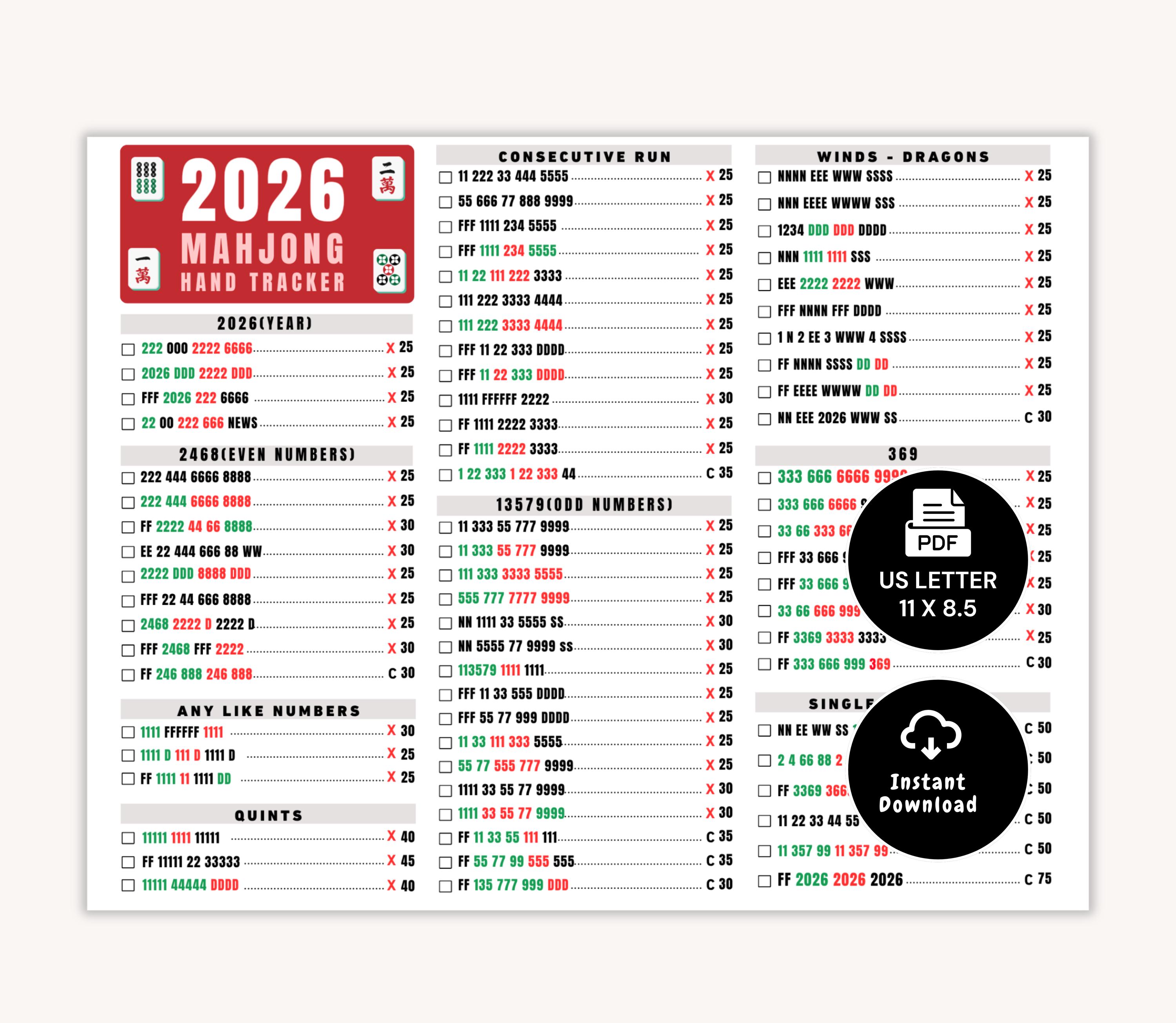 2026 Mahjong Hand Tracker, American Mah Jongg Scorecard (PDF