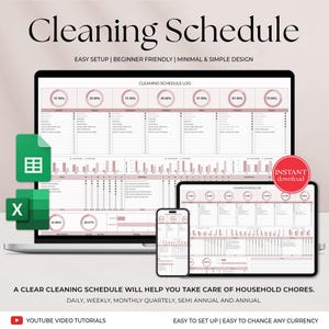 Schoonmaaktracker Google-spreadsheet, wekelijkse schoonmaakchecklist, Excel-schoonmaakplanner, maandelijks, jaarlijks takenoverzicht, lijst met huishoudelijke taken