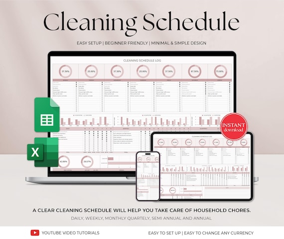Cleaning Tracker Google Spreadsheet, Weekly Cleaning Checklist,  Excel Cleaning Planner,  Monthly, Yearly Chore Chart, House Chore List