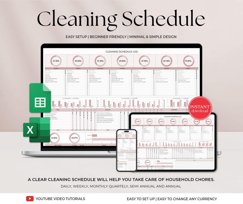 Cleaning Tracker Google Spreadsheet Template – Organize your home with this editable Weekly Cleaning Checklist and Monthly/Yearly Chore Chart – Includes Excel Cleaning Planner, Daily Tasks, and House Chore List – Digital Download and Google Sheets Compatible