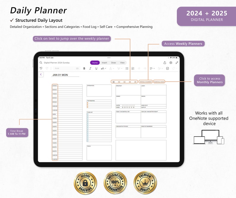 OneNote Digital Planner, 2024 2025 Digital Planner, Hyperlinked OneNote Planner-iPad, Android, Windows, PC, MacBook, Surface pro, Computer