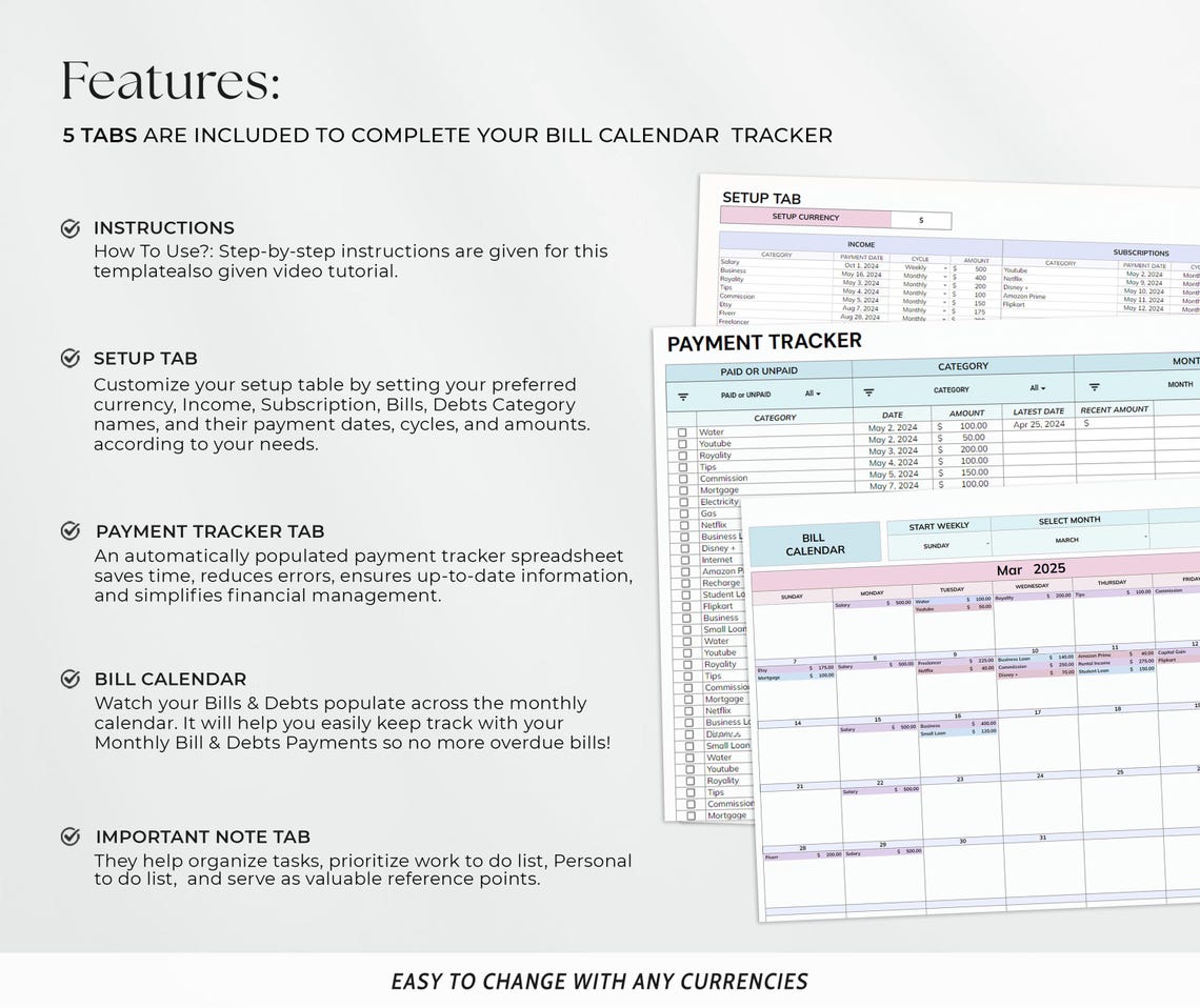 Bill Tracker Spreadsheet Google Sheets Excel Bill Calendar Monthly ...