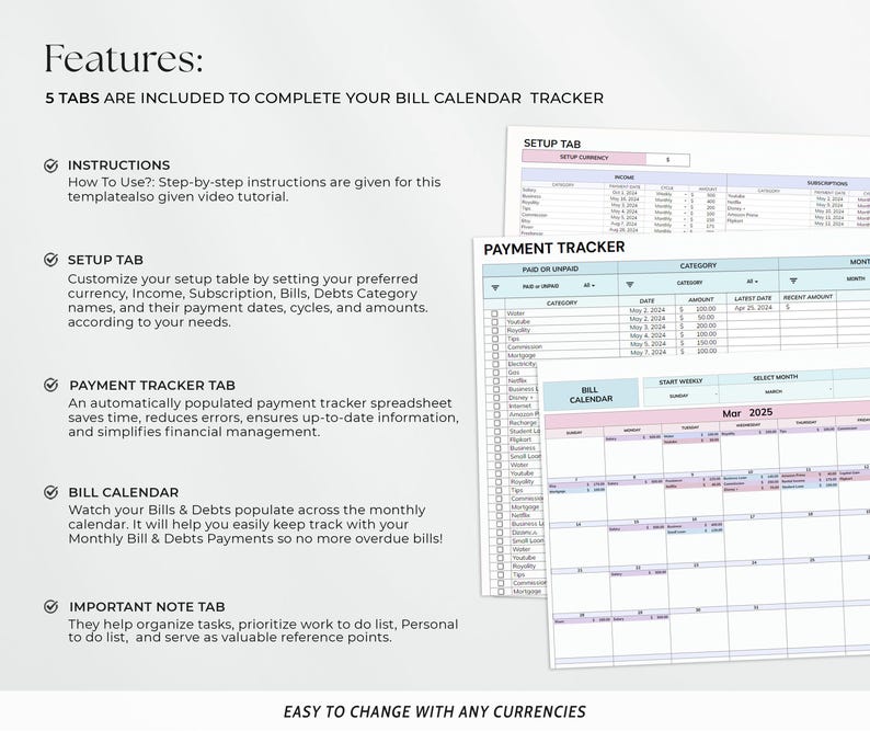 Bill Tracker Spreadsheet Google Sheets Excel Bill Calendar Monthly ...