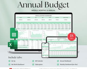 Arkusz kalkulacyjny budżetu rocznego i miesięcznego Arkusze Google Szablon programu Excel Planista finansowy Śnieżna kula zadłużenia Fundusze amortyzacyjne Śledzenie subskrypcji Dochód