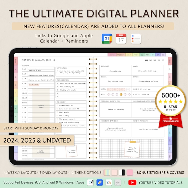 Digitaler Planer, GoodNotes-Planer, iPad-Planer, Notability-Planer, täglicher wöchentlicher monatlicher digitaler Planer, 2024 2025 + undatierter Planer