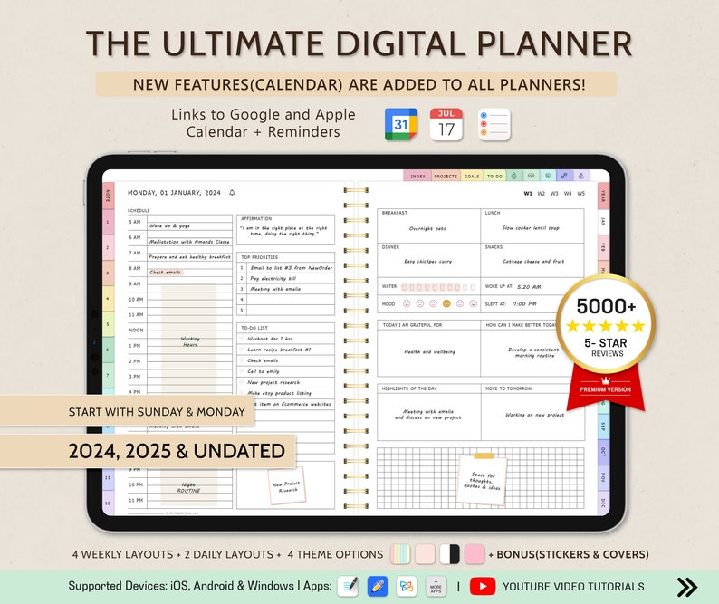 Digital Planner, GoodNotes Planner, iPad Planner, Notability Planner, Daily Weekly Monthly Digital Planner, 2024 2025 + Undated Planner
