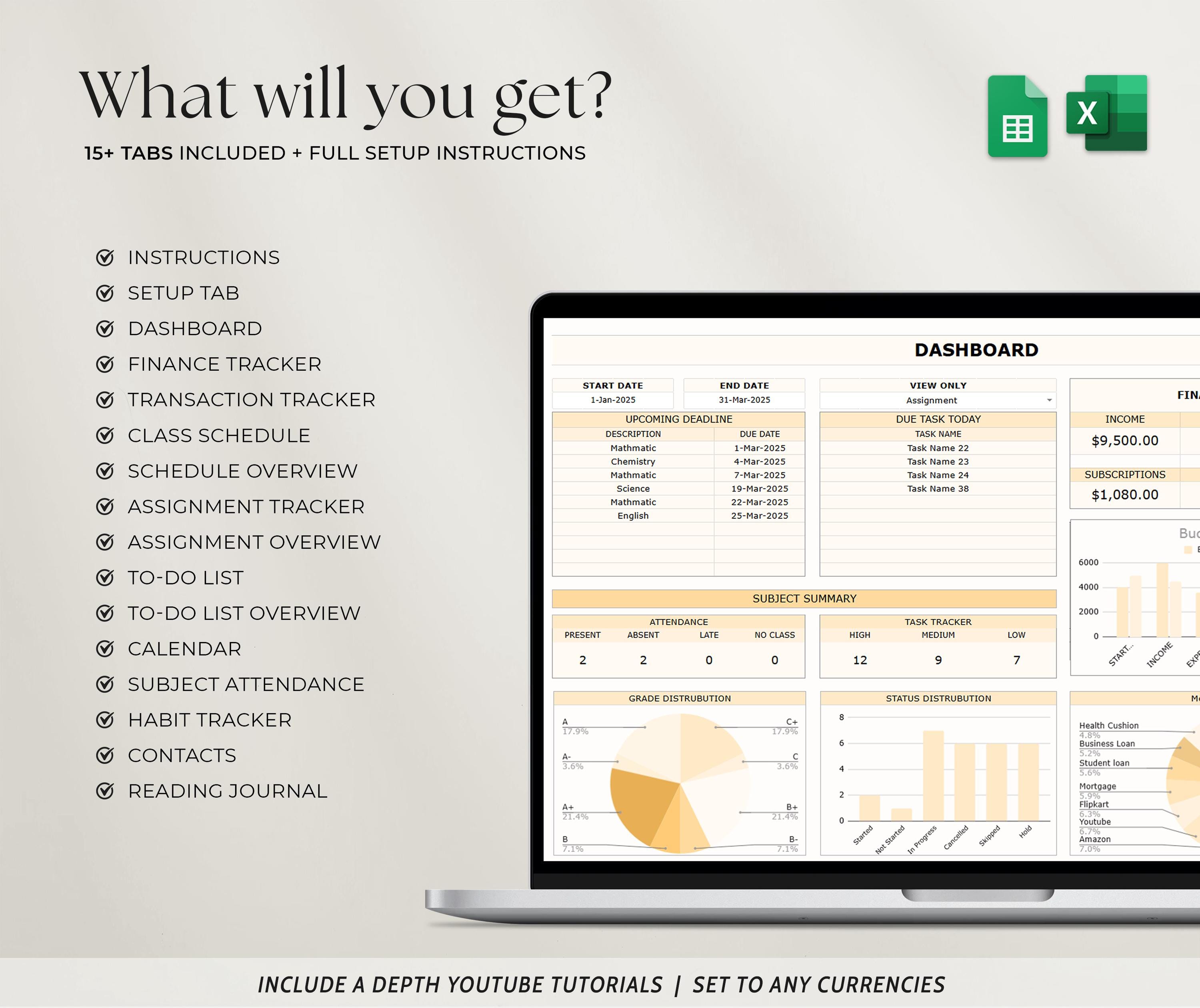Student Academic Planner Spreadsheet, School Assignment Tracker Google ...