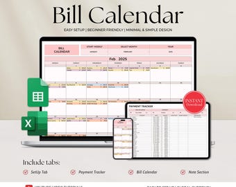 Hoja de cálculo de calendario de facturas Hojas de cálculo de Google Excel Seguimiento de facturas Planificador de facturas inteligente mensual Panel de control de pago de facturas editable Finanzas personales