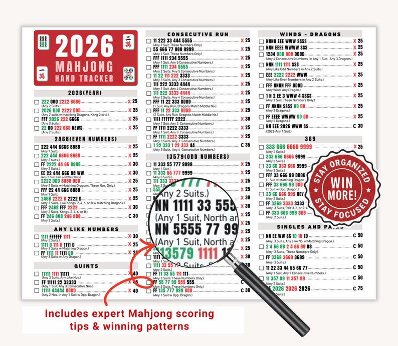 2026 Mahjong Hand Tracker, American Mahjong Printable, Mah Jongg, Mahjong scorecard, Mahjong tiles, Mahjong Game Night, PDF Digital Download

american mahjong,
mahjong cheat sheet,
mahjong scorecard,
NMJL card,
Mahjong Hand Tracker,
mahjong tiles ,
mahjong printable,
Mah Jongg,
mahjong hand tracker,
mahjong guide, 
mahjong Game Night,
2026 mahjohg,
mahjong card 2026
Stay organized and play with confidence using this premium 2026 Mahjong Hand Tracker printable.