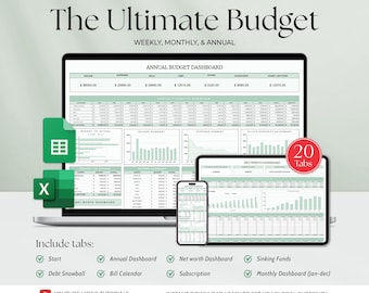 Ultimate Budget Spreadsheet Excel Worksheet Google Sheet Template, Monthly Personal Finance Planner, Bill Tracker, Debt Tracker