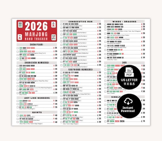 2026 Mahjong Hand Tracker, American Mahjong Printable, Mah Jongg, Mahjong scorecard, Mahjong tiles, Mahjong Game Night, PDF Digital Download