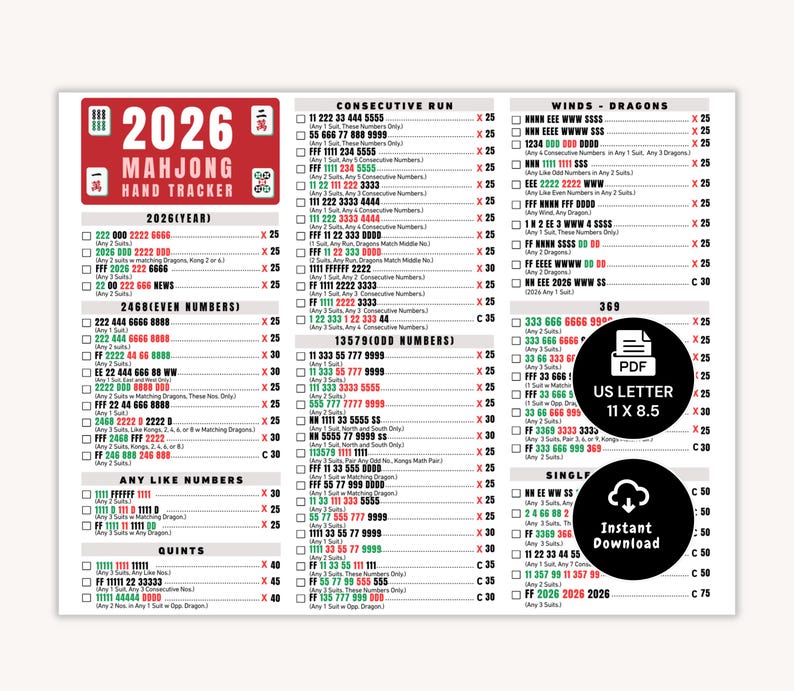 2026 Mahjong Hand Tracker, American Mahjong Printable, Mah Jongg, Mahjong scorecard, Mahjong tiles, Mahjong Game Night, PDF Digital Download

american mahjong,
mahjong cheat sheet,
mahjong scorecard,
NMJL card,
Mahjong Hand Tracker,
mahjong tiles ,
mahjong printable,
Mah Jongg,
mahjong hand tracker,
mahjong guide, 
mahjong Game Night,
2026 mahjohg,
mahjong card 2026
Stay organized and play with confidence using this premium 2026 Mahjong Hand Tracker printable.